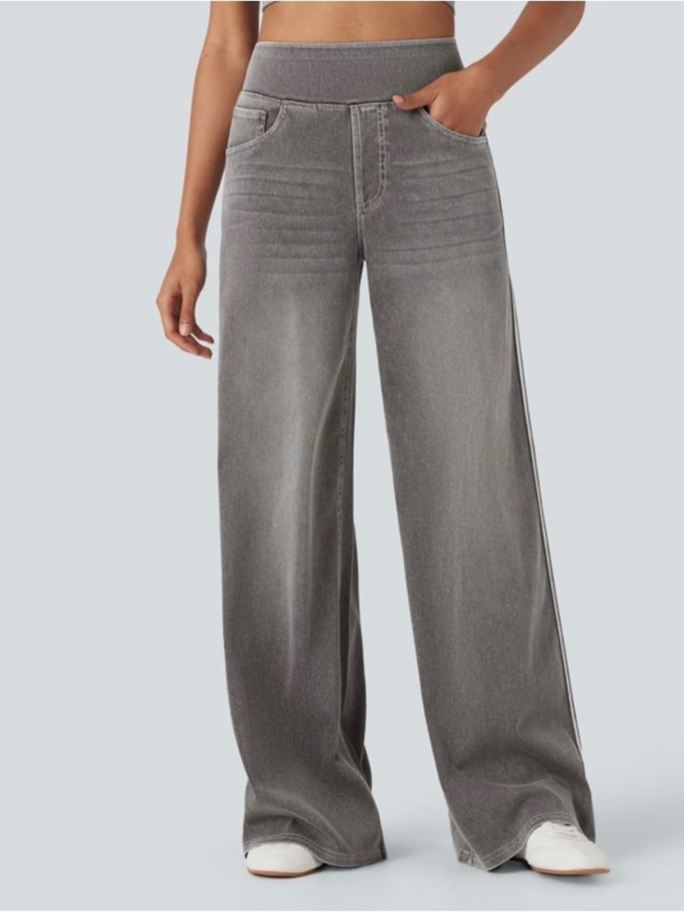 Halara Gray Wide Leg Pull On Denim Pants High Waist Pockets XS-New